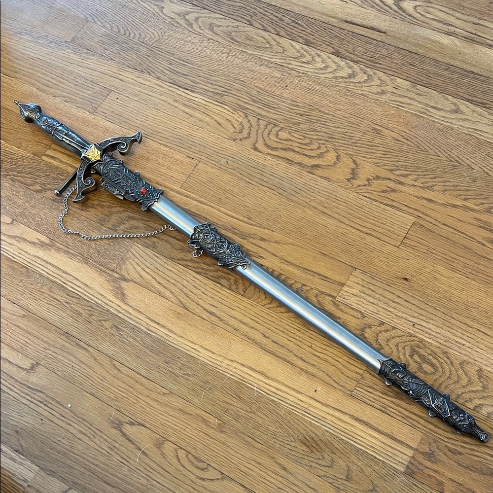 Ornate Decorative Sword with Scabbard - Silver and Antique Bronze